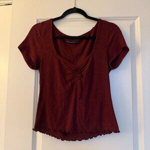 Abercrombie & Fitch Burgundy Ribbed Cinched Front Lettuce Hem Top - L